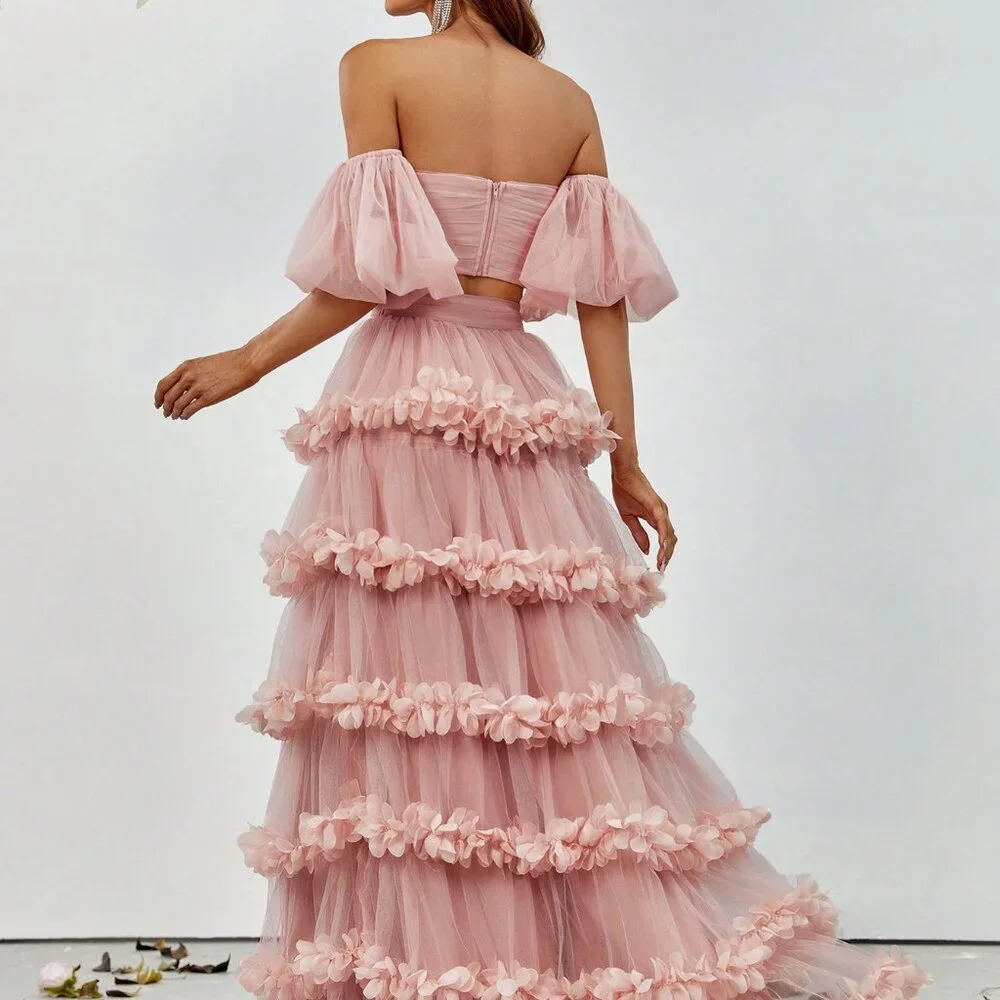 Dusty Pink Party Women's Off-Shoulder Crop Top & Ruffled Tulle Skirt Set - Picture 2 of 6